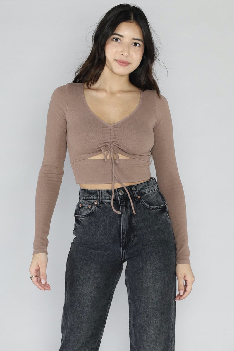 Lace Up Front Long Sleeve Crop Top