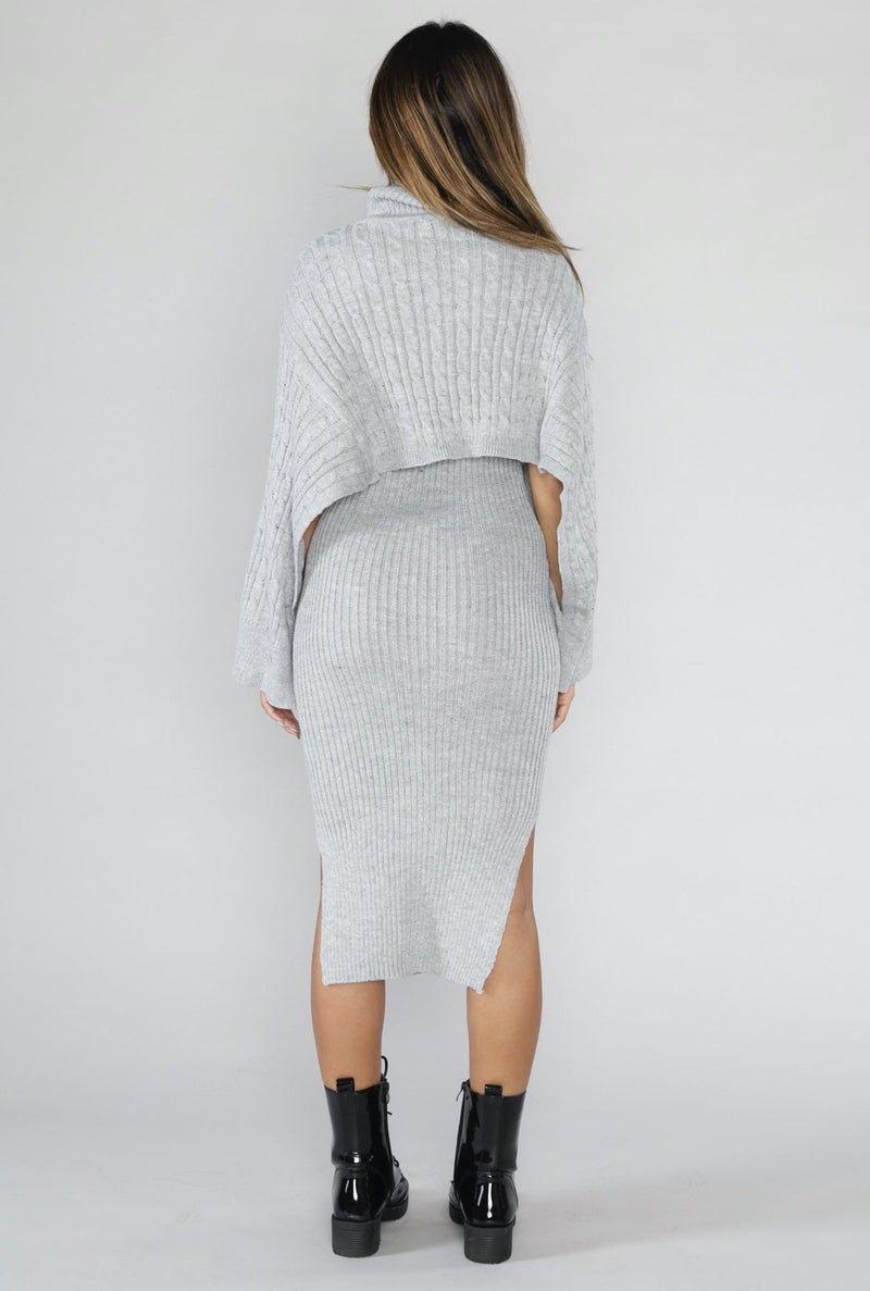 Sleeveless Rib Knit Midi Dress Turtle Neck Sweater Set