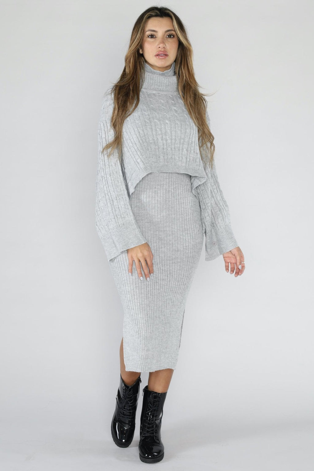 Sleeveless Rib Knit Midi Dress & Turtle Neck Sweater Set - BELLA AMOR
